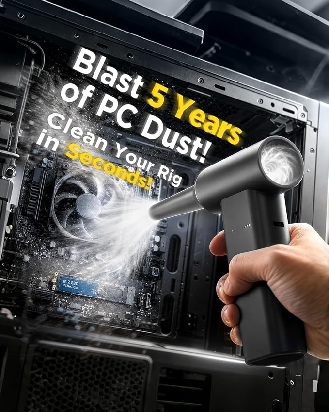 2-in-1 Compressed Air Duster & Car Vacuum Cordless Rechargeable, 160000RPM Electric Air Duster, Aluminum Mini Vacuum Keyboard Cleaner for PC, Computer, Home, Outdoor & Car Detailing (Jet Black)