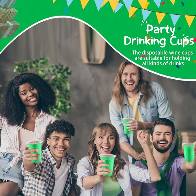 Sabary 100 Pack 12oz Plastic Cups Green Graduation Heavy Duty Drinking Disposable Cups with Lines for Beverage Holiday Camping Barbecues Birthday Party Summer Outdoor Picnic(Green and White)