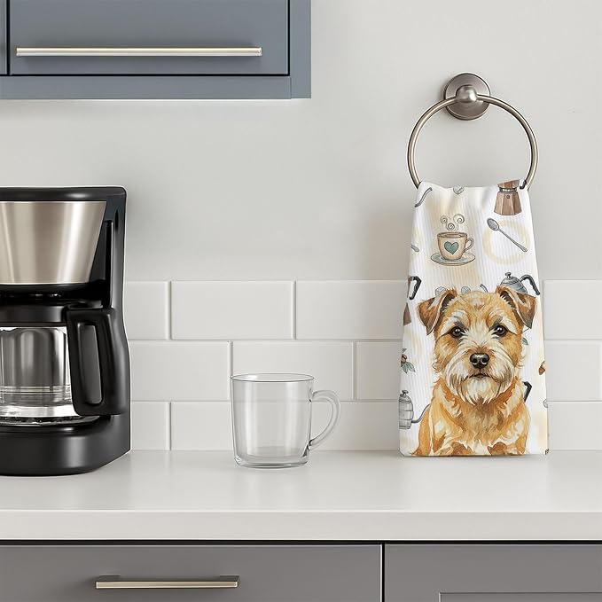 Caroline's Treasures Wheaten Border Terrier Coffee Bar Kitchen Towel Velour Plush Front and Cotton Loop Back Machine Washable
