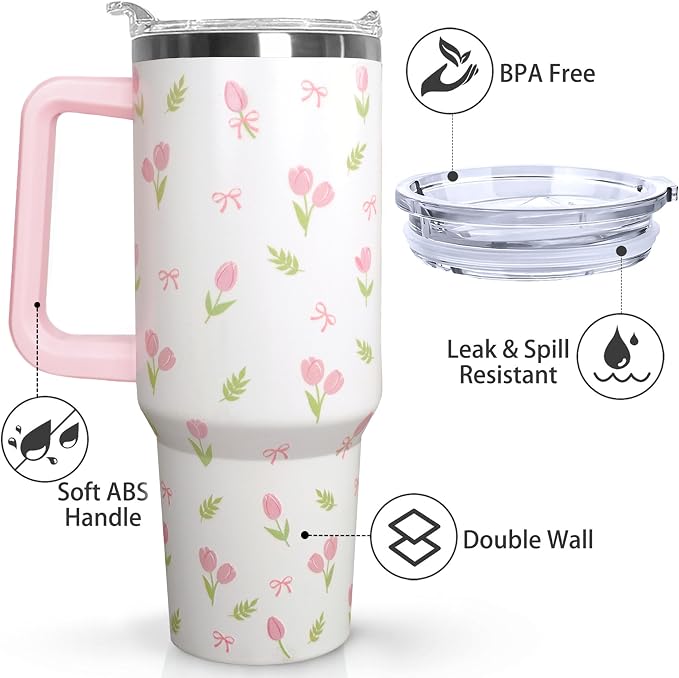 Ceovfoi 40 oz Tulip Bow Tumbler with Handle & Straw, Vacuum Insulated Stainless Steel Flip Top Water Bottle, Floral Tulip Bow Travel Mug, Spring Gifts for Women, Cute Tumbler for Car Cup Holder