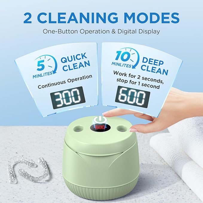 Dental Ultrasonic Retainer Cleaner Machine: 45kHz Dental Cleaning Pod with Digital Timer & 200ML, Cleaning for Dentures, Mouth Guards, Aligners, Night Guards, Braces, Toothbrush Heads & Jewelry, Green