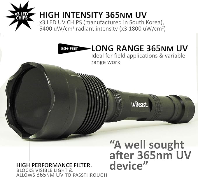 uvBeast V3 365nm Black Light UV Flashlight – High Definition Ultraviolet - HIgh Power and Long Range Professional Grade Beam Best for Professional/Commercial Use – USA Stock