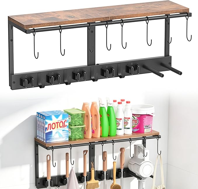 Wall Mounted Broom Holder & Utility Rack | Heavy-Duty Tool Organizer for Garage, Laundry Room & Kitchen | Space-Saving Storage with Shelf for Cleaning Supplies, Vacuums & Tools