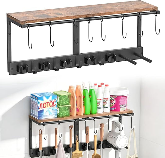 Wall Mounted Broom Holder & Utility Rack | Heavy-Duty Tool Organizer for Garage, Laundry Room & Kitchen | Space-Saving Storage with Shelf for Cleaning Supplies, Vacuums & Tools