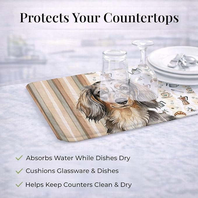 Caroline's Treasures Longhaired Dapple Dachshund Coffee Bar Dish Drying Mat Absorbent Dish Drying Mat Pad for Kitchen Counter Dish Drainer Mat for Countertop, 14 x 21", Multicolor