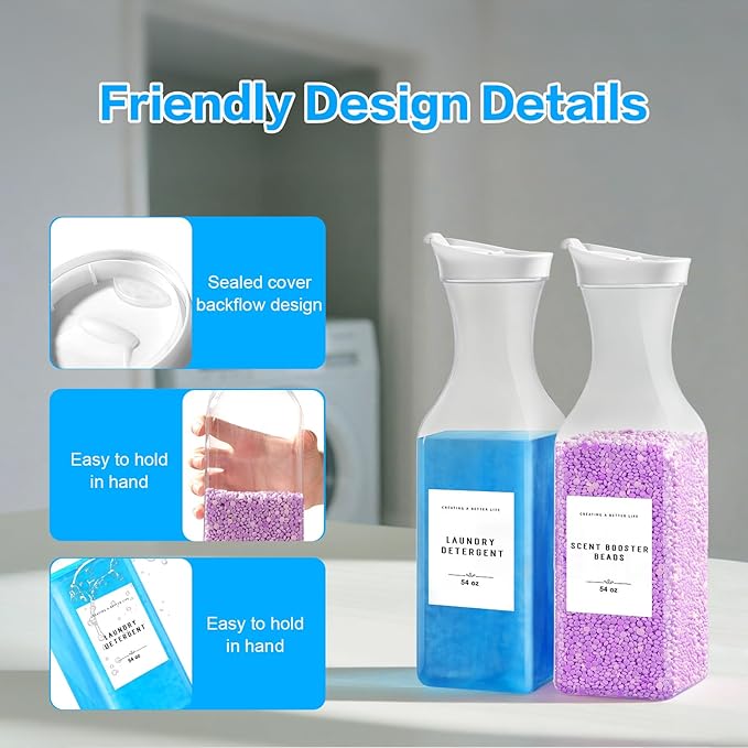 Laundry Detergent Dispenser Bottle 54oz with Waterproof Label for Laundry Detergent Soap Fabric Softener Scent Booster Beads, Sturdy PET Plastic Bottle, 2 Pack White