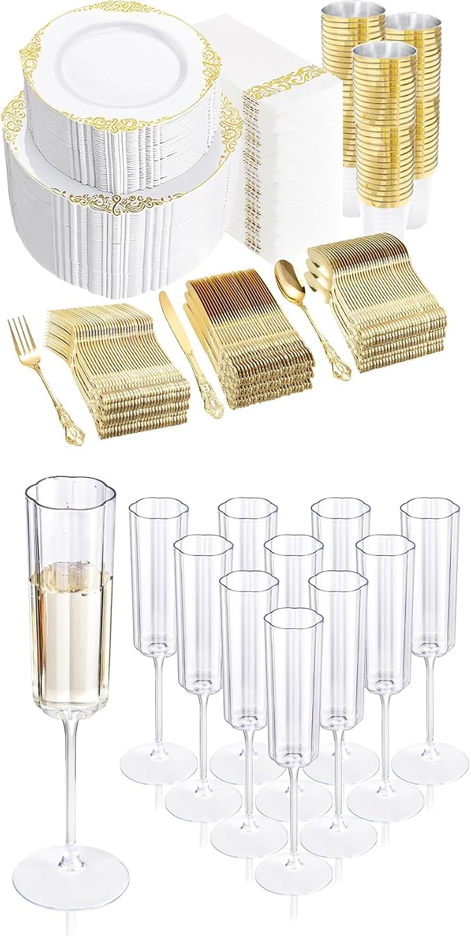 YOUBET 700PCS Gold Plastic Dinnerware Set - 36 Pack Clear Champagne Flutes Plastic - 200 Disposable Plates, 300 Heavy Duty Silverware, 100 Cups,100 Napkins for Wedding Party Graduation