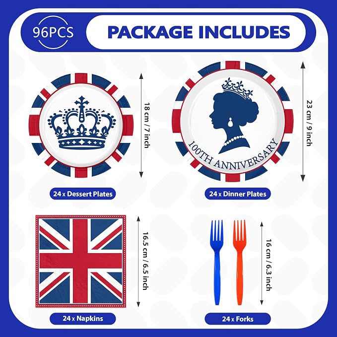 96Pcs Britain Party Decorations Britain UK England Flag Plates and Napkins Sets Union Jack 100th Anniversary Decorations for The Birth of Queen 100th Anniversary Party Supplies Serves 24
