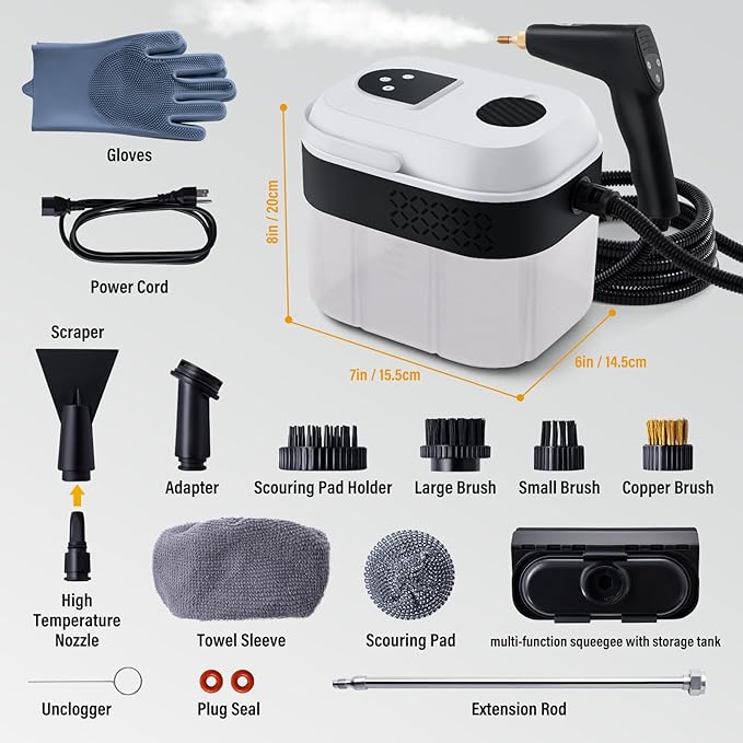 Lamberia Steam Cleaner with 16pcs Accessories, 2500W 1700ml 1.8 Quarts Tank, 6-Level Adjustable Portable Handheld Pressurized Steamer, 15s Heat-Up Steam Cleaner for Home, Car, Kitchen(White, US Plug)