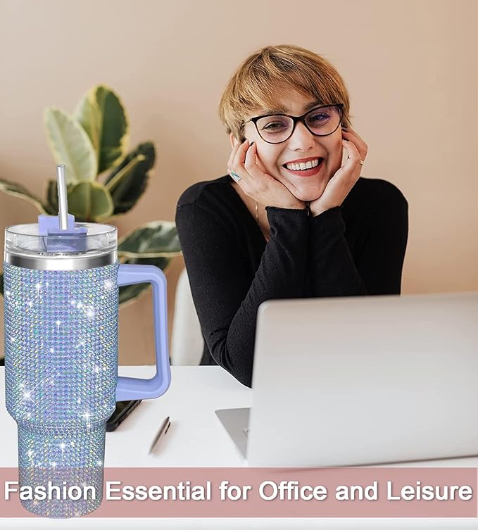 HWISDMIG 40oz Tumbler with Handle-Glitter Rhinestones Tumbler Bling Cups Stainless Steel Water Bottle Diamond Studded Tumbler for Women-Birthday Gifts for Women, Mom, Girlfriend (Light Lilac)