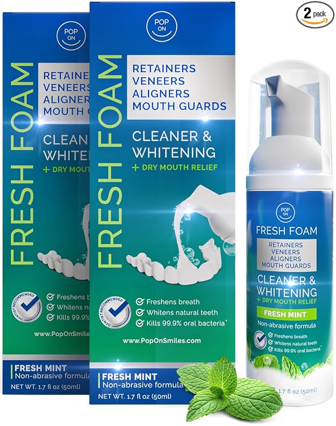 Aligner & Retainer Cleaner Foam – Dry Mouth Relief, Compatible with Invisalign, Aligners, Retainers, Mouth Guards, Night Guards, Veneers, Whitens, Freshens, 3% Hydrogen Peroxide, Mint - 50ml, 2 PC
