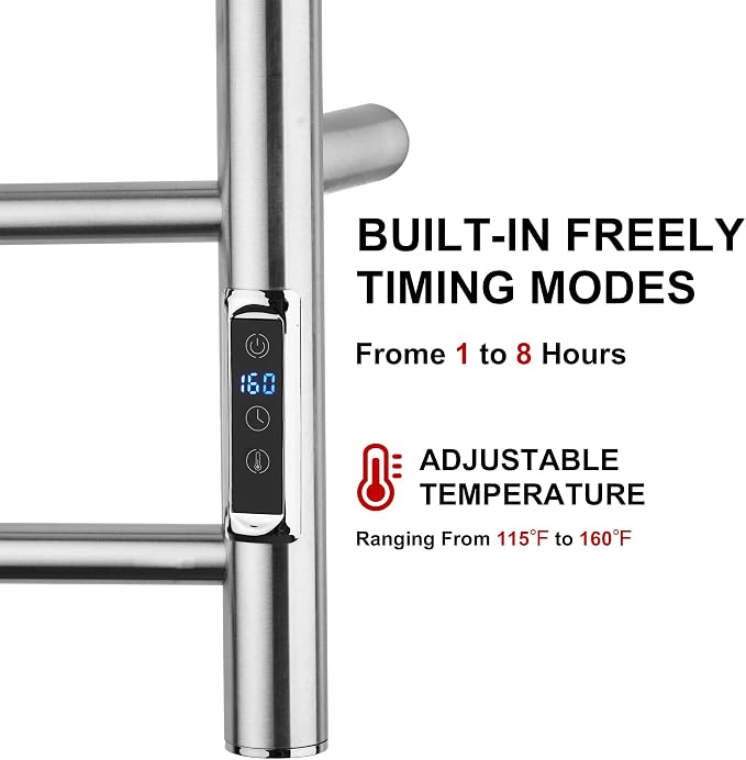 Heated Towel Racks for Bathroom, Wall Mounted Electric Towel Warmer Racks with Timer & Temperature Control, Stainless Steel Towel Heater for Bathroom, Brushed (Round-Brushed Silver, 4 Bars)