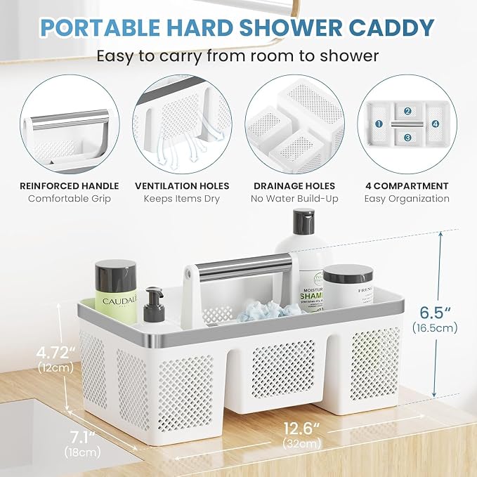 BYUNER Plastic Shower Caddy Dorm: Portable Shower Basket Tote with Handle, 4 Compartments, All-Side Drainage, Hard Bathroom & Cleaning Caddy Organizer for college Dorm Room Essentials, White/Silver