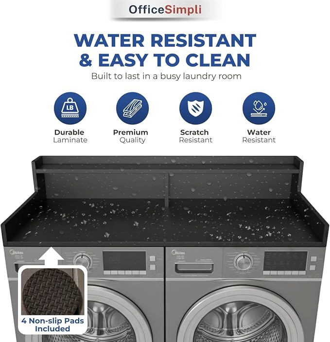 OfficeSimpli Large Washer Dryer Countertop with Shelf - 30 x 58 Inch - Made in USA Laundry Countertop Over Washer and Dryer with Non-Slip Pads, Storage Shelf, Laundry Topper Organizer, Black