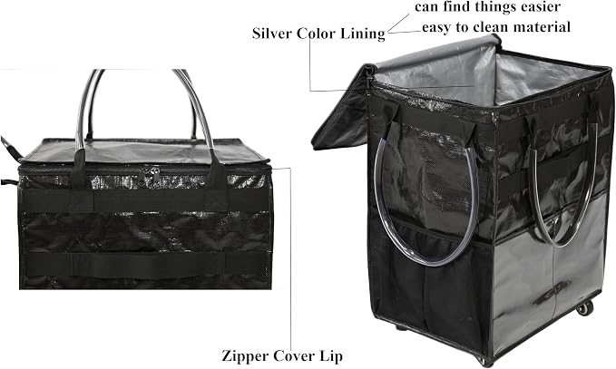Reusable Grocery Bag On Wheels Large Capacity Shopping Trolley Foldable Rolling Tote with Outside Pocket, Heavy Duty Handle (Black, Medium)