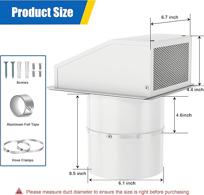 6 Inch Wall Vent with Screen & Damper, 6" Dryer Exhaust Vent Cover Cap Kit for Outdoor Laundry Room Kitchen Range Hood Vent Dryer Air Vent,Galvanized Steel - White