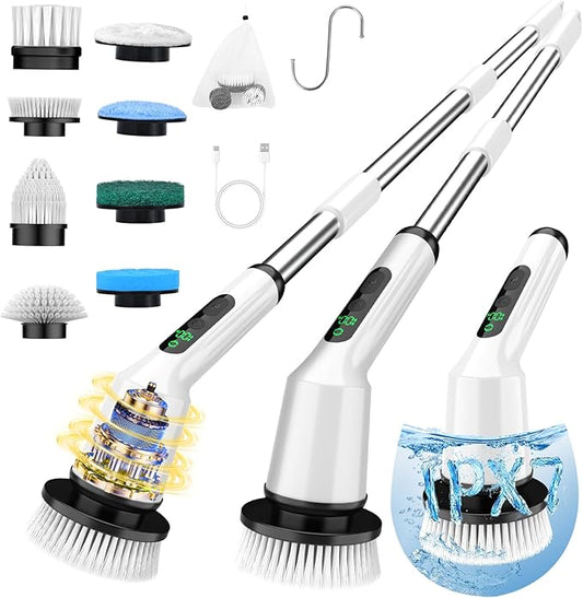 Shower Scrubber with Long Handle, Shower Cleaner Brush with 8 Brush Heads, Cordless Electric Spin Scrubber for Cleaning with 2 Speed, Cleaning Supplies for Bathroom Bathtub Kitchen Floor Tile Toilet