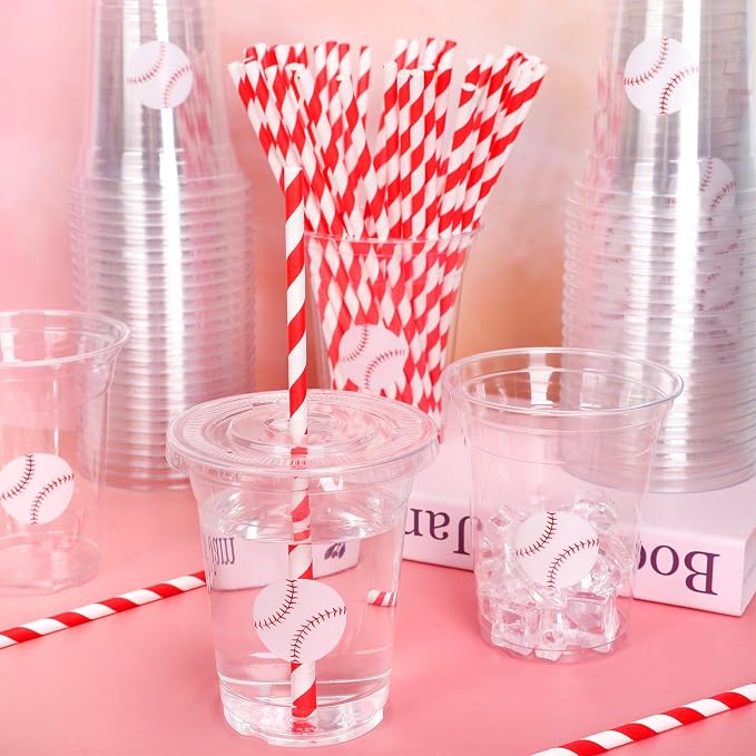 Whaline 50 Pcs Baseball Disposable Plastic Cups with Lids and Straws Red White Ball Cold Beverage Drinking Cups for Sports Theme Baseball Game Party Supplies