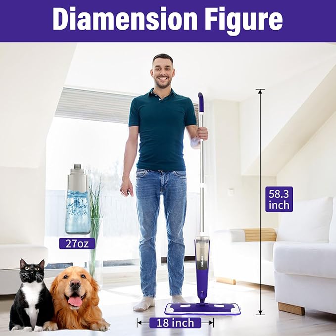 Spray Mop for Floor Cleaning with Bottle & 3 Microfiber Pads | Refillable bottle, washable pads, wet/dry flat mop for hardwood, laminate, wood & ceramic floors, home or commercial use