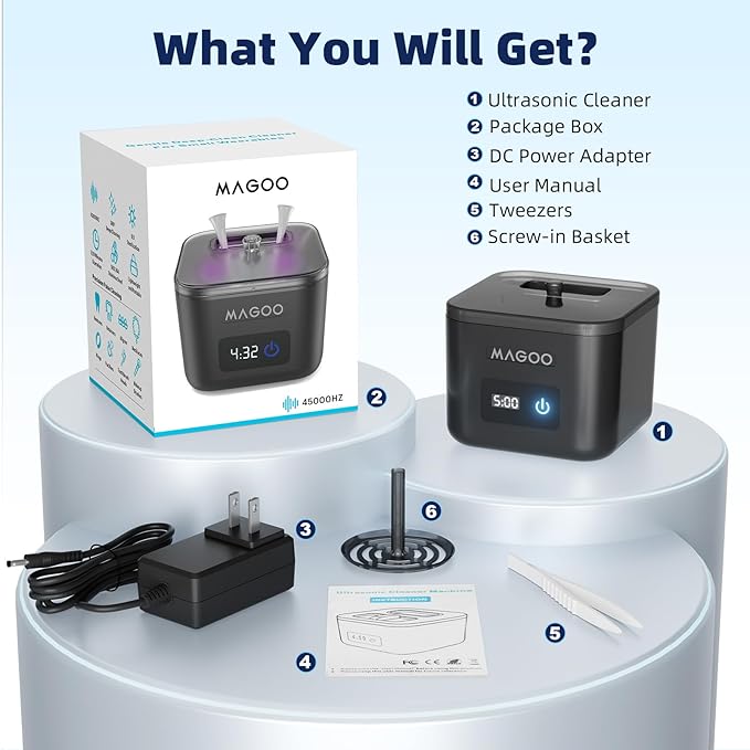 Ultrasonic Retainer Cleaner Machine, Denture Cleaner for Aligners Night Guards Braces Mouth Guards Toothbrush Heads，All-in-One Dental & Jewelry Cleaner, 45kHz 200ML, Dual Modes