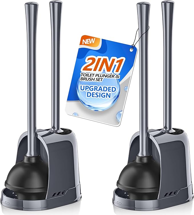 LOVLOY Toilet Plunger and Brush,2 Pack Bowl Brush and Heavy Duty Toilet Plunger Set with Ventilated Holder, 2-in-1 Toilet Brush and Plunger Combo for 5.3-inch Toilet DrainBathroom Cleaning