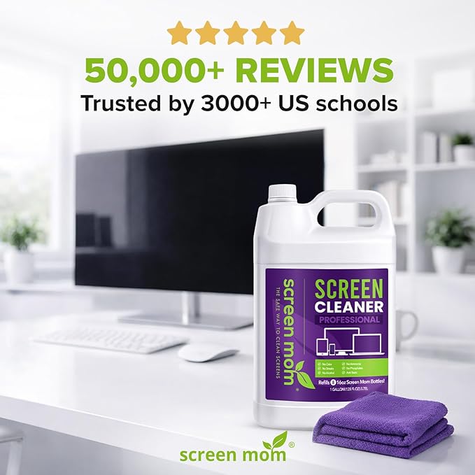 Screen Mom Cleaning Kit - 1 Gallon Screen Cleaner Spray Refill and 4 Pcs Purple Microfiber Cloth, TV Cleaner Spray and Cloth Set for Laptop, Phone, iPad, Car and Computer Cleaning Kit Electronic