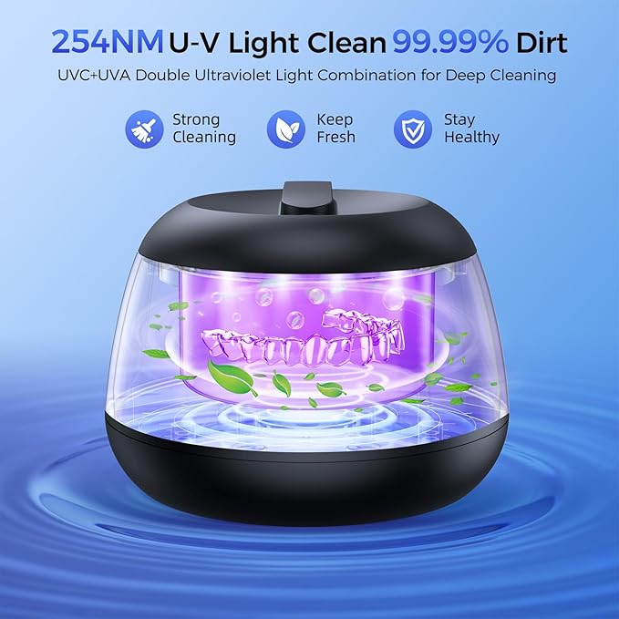 CALOTO Ultrasonic Retainer Cleaner Machine, 52kHz Ultrasonic Denture Cleaner for Night Guards, Braces, Aligner, Toothbrush, Jewelry and More, Dental Cleaning Pod with Digital Timer & 250ML, Black