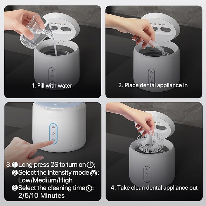 Ultrasonic Retainer Cleaner Machine, IPX6 Waterproof Denture Cleaner, 3 Modes Dental Cleaning Pod with RGB Indicator, 45kHz UV for Mouth Guards, 200ML Tank, White