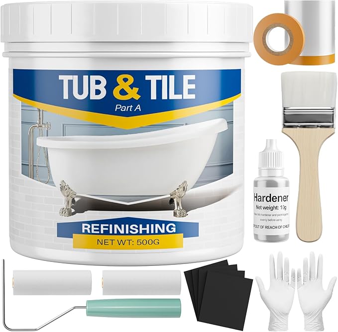 Tub and Tile Paint Refinishing Kit, 17oz Bathtub Refinishing Kit with Tools, DIY Tub Paint White for Bathtub, Shower, Kitchen Countertop, Porcelain, Easy to Cover & Low Odor