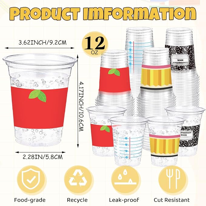 Funnymoom 60 Pcs Back to School Plastic Cups 12oz Composition Notebook Yellow Pencil Disposable Drinking Cups for First Day of School Graduation Teacher Appreciation Party Decoration Supplies