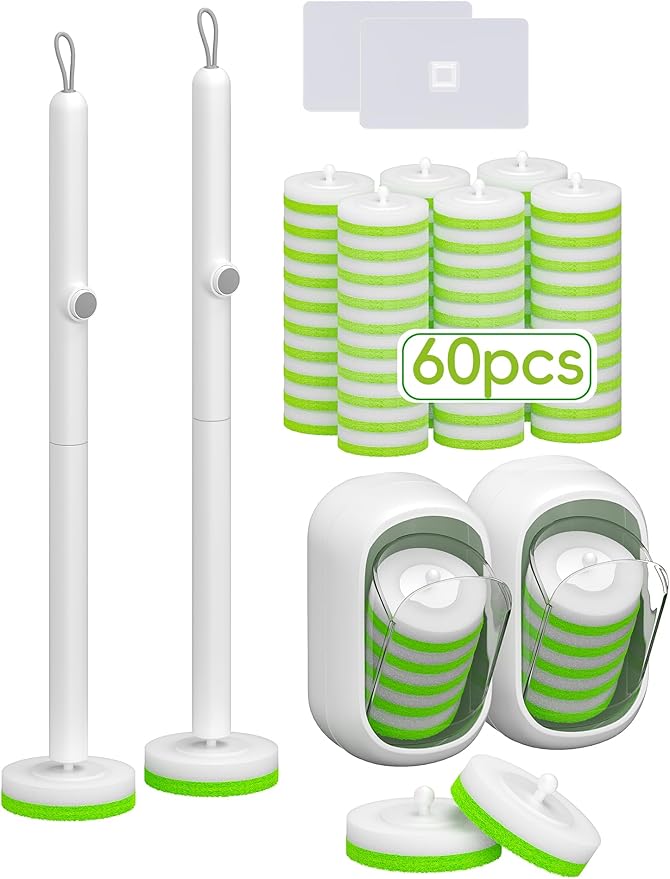Disposable Toilet Bowl Cleaner Wand System with Green Refill Heads, Wall Mount Toilet Brush and Holder Set for Bathroom Cleaning (2 Toilet Brush + 60 Refills)