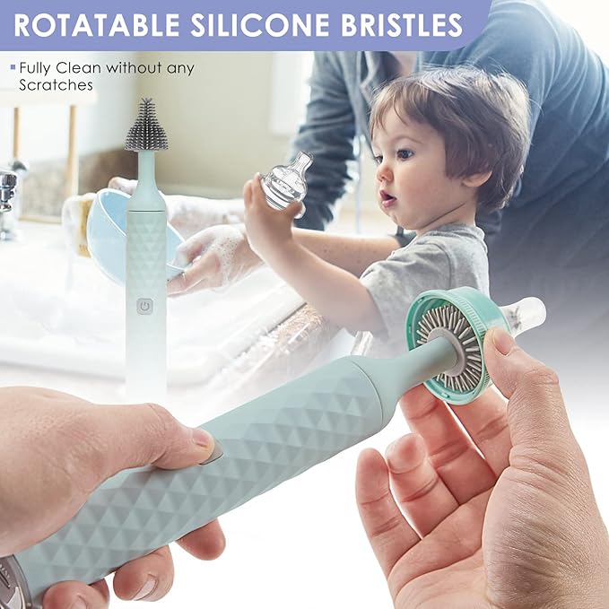Electric Baby Bottle Brush Set with Electric Bottle Brush and Silicone Bottle/Nipple Brush, Long Straw Cleaner, Rechargeable Bottle Cleaner Electric,Waterproof Water Bottle Cleaner,Blue
