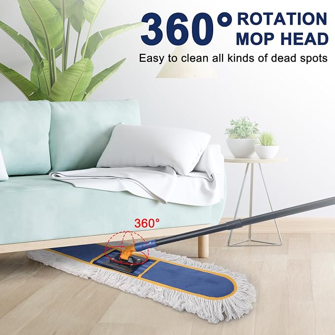 KeFanta 36" Commercial Dust Mops for Floor Cleaning,Industrial Dry Wet Mop with Heavy Duty Long Handle,2 Large Cotton Washable Mop Pads,for Hardwood,Tile,Concrete,Laminate,Garage Floors(Blue)