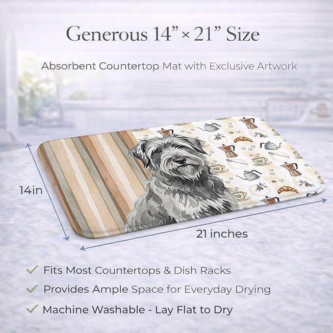 Caroline's Treasures Gray Briard Coffee Bar Dish Drying Mat Absorbent Dish Drying Mat Pad for Kitchen Counter Dish Drainer Mat for Countertop, 14 x 21", Multicolor