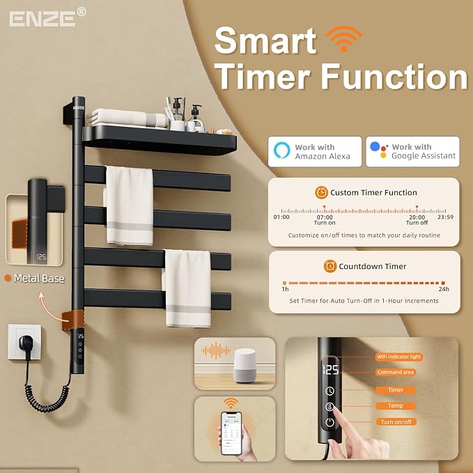 ENZE Smart Rotating Heated Towel Rack for Bathroom, 4-Bar Wall-Mounted Electric Towel Warmer with Swivel Shelf, Wi-Fi App Control, 24H Timer, Stainless Steel, IPX5, Hardwired/Plug-in, Matte Black