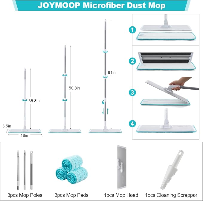 JOYMOOP 18 Inch Grey-White Microfiber Dust Mop for Hardwood Floors, Heavy Duty Industrial Wet Dry Mop with Telescopic Handle, Includes 3 Mop Pads