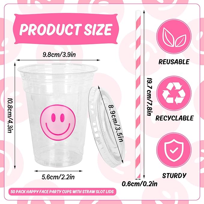 Whaline 50 Pcs Preppy Smile Face Cups with Lids and Straws 12oz Pink Happy Face Disposable Plastic Party Cups Happy Smile Cold Beverage Drinking Cup for Birthday Party Baby Shower Wedding