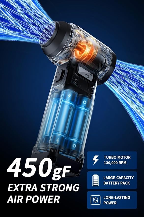 Instant Dust Removal — Finect Compressed Air Duster 90,000 RPM with 40mm Nozzle, LED Light, TFT Display, 9-Speed Adjustable Rechargeable Air Duster, 10,000mAh Battery, 5 Nozzles for Computer,blowers