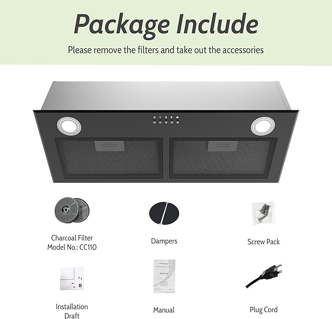 FIREGAS Black Range Hood 28 Inch, Built-in Kitchen Vent Hood with 450 CFM, 3 Speed Exhaust Fan, 2 LED Lights & Button Control, Ducted/Ductless Convertible