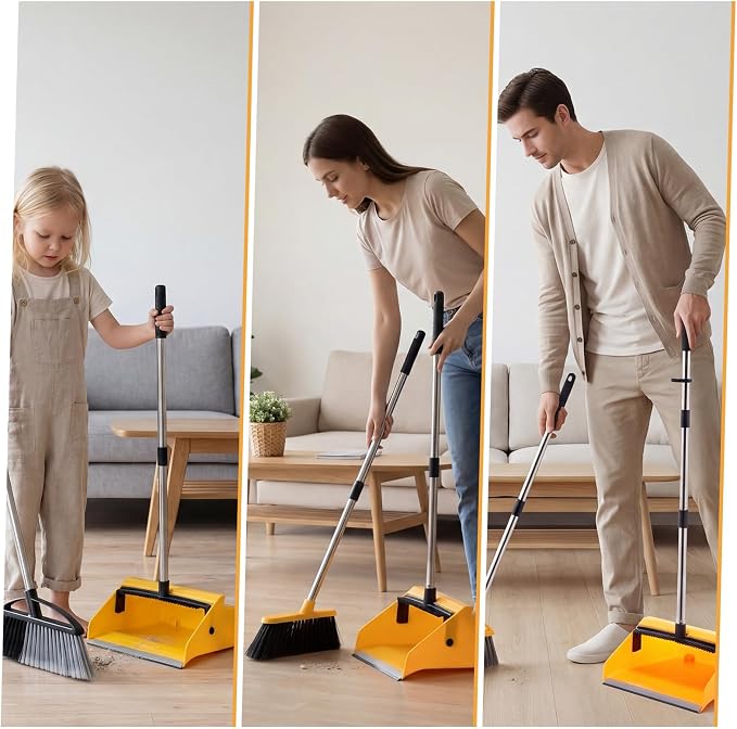 Didaey 1 Pcs Commercial Dustpan with Comb 38” Long Handle Upright Heavy Duty Dust Pan Outdoor Indoor for Courtyards Garages Lobby Mall Market Market Floors Office Pet Hair Rubbish Cleaning (Yellow)