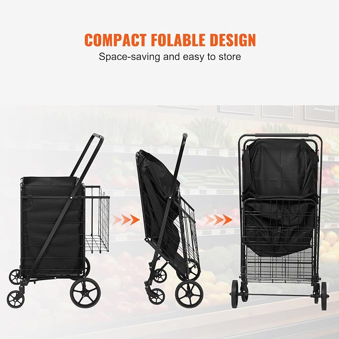 VEVOR Folding Shopping Cart with Removable Waterproof Liner, 330LBS Large Capacity Jumbo Grocery Cart with Dual Basket, 360° Swivel Wheels, Dense Metal Mesh Base, Heavy Duty Utility Cart for Shopping