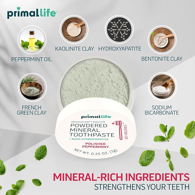 Primal Life Organics - Dirty Mouth Toothpowder, Tooth Cleaning Powder, Flavored Essential Oils with Natural Kaolin & Bentonite Clay, Good for 200+ Brushings, Organic, Vegan (Peppermint, 0.25 oz)