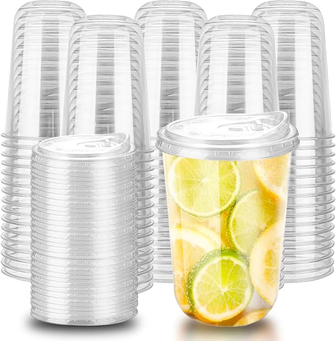 16oz Disposable Stemless Glasses With Strawless Sip Lids,PET Disposable Drinking Cups,Clear Plastic Wine Glasses for Parties Birthday,Wedding,Meeting,Christmas Party Supplies (100, Transparent)