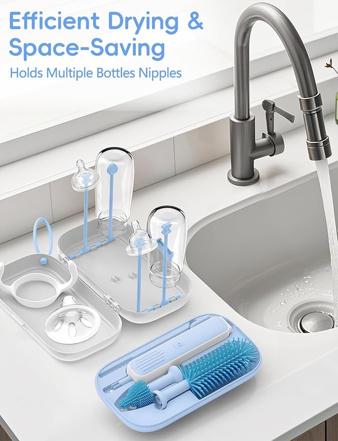 Electric Baby Bottle Brush Cleaner for Travel – BPA-Free Silicone, One-Button 360° Deep Cleaning, 2000mAh Rechargeable, Portable Bottle Cleaning Kit with Storage Box for Home & On-The-Go