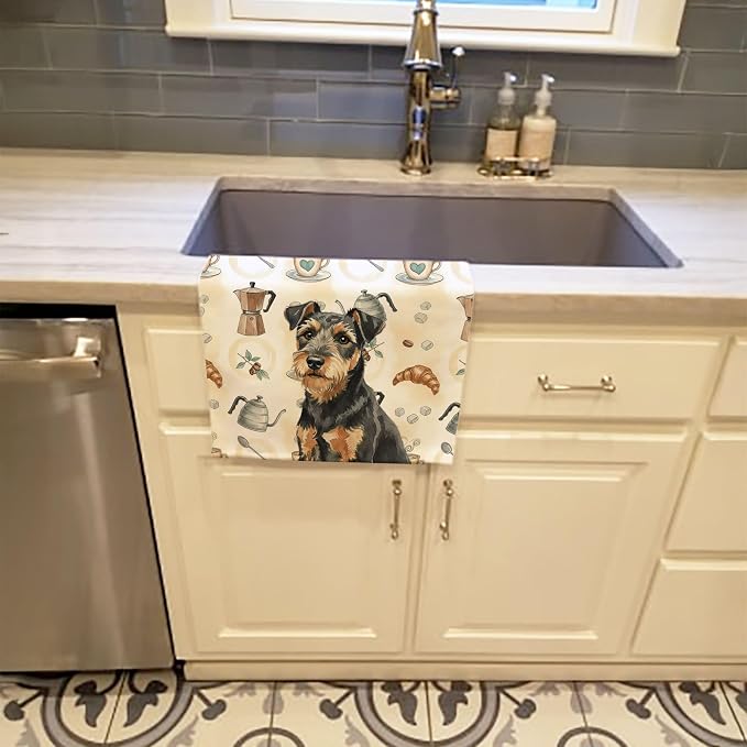 Caroline's Treasures Black and Tan Lakeland Terrier Coffee Bar Kitchen Towel Velour Plush Front and Cotton Loop Back Machine Washable