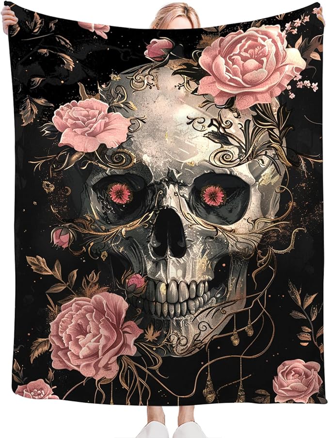 Tijuboni Skull Roses Throw Blanket Skull Gifts for Girls Boys Women Men Kids Adults Soft Flannel Fleece Blanket for Couch Sofa Bed Home Decor 50"x60"
