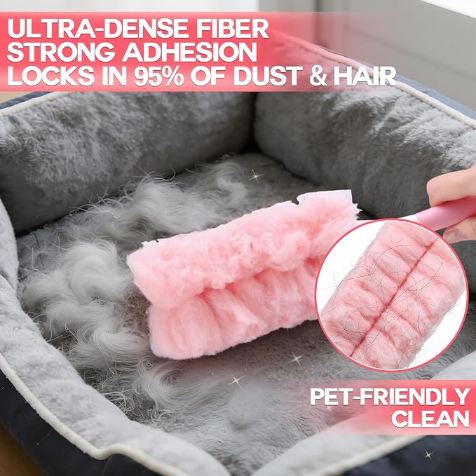 Mifoci 60 Count Pink Duster Refills Compatible with Swiffer Handle, Disposable 360° Multi-Surface Electrostatic Dusting Pads with 1 Handle Cleaner Kit for Blinds Ceiling Fans Furniture Cleaning