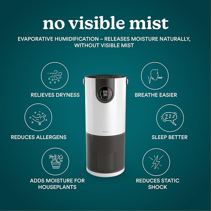 Homedics 2-in-1 Air Purifier & Evaporative Humidifier for Large Rooms HEPA Air Cleaner, Filtered Humidification, Digital Air Quality Sensor, Auto Mode, Tower Design for Home, No Visible Mist