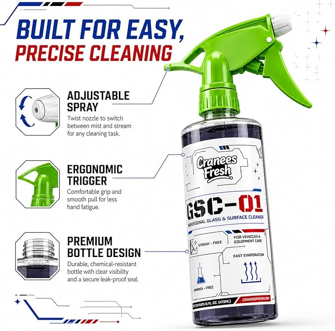 Glass & Surface Cleaner Spray, Streak-Free, Ammonia-Free, Tint Safe, Made in USA Car, Home, Shower Glass, Mirror & Multi-Surface Cleaner with Leak-Resistant Sprayer (16oz)