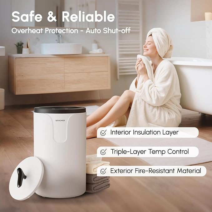 USHOWER Towel Warmers for Bathroom, 20L Large Towel Warmer Bucket for Spa & Massage, Auto Shut-Off Towel Heater Fits Two 40"x70" Oversized Towels, Blankets, Bathrobes, PJ's